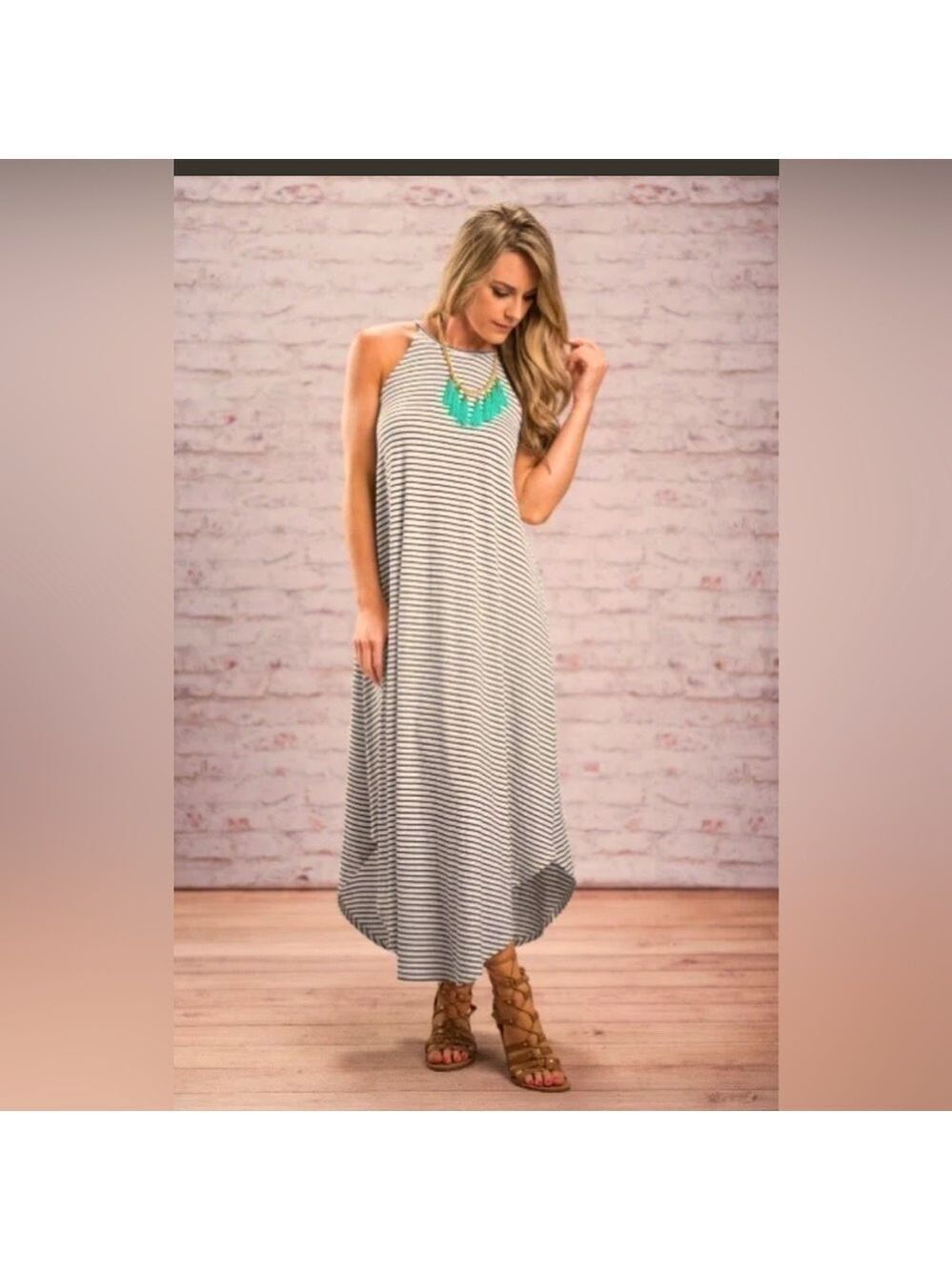 Olivia Rae NY Airy Nautical tan & black Stripe Scandi Girl Maxi Dress size SM